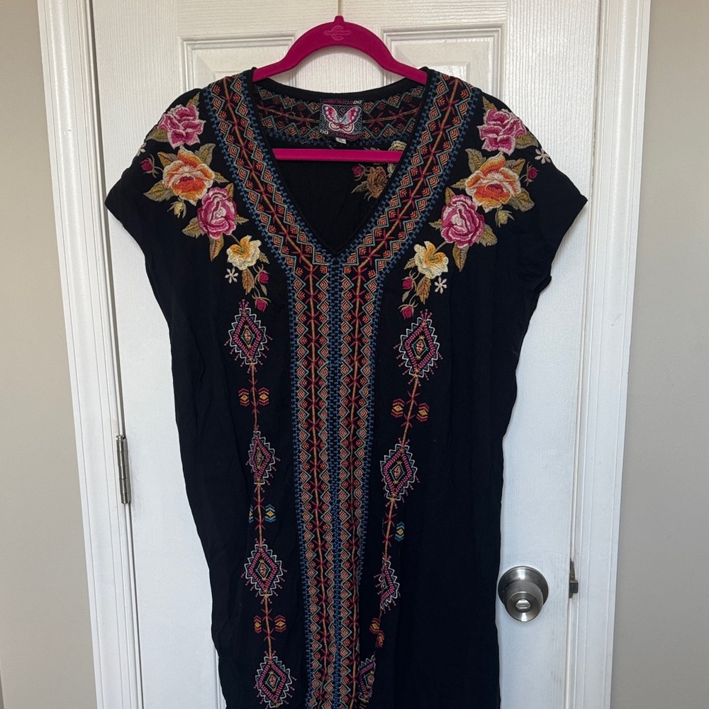 Johnny Was Black Dress with Colorful Embroidery